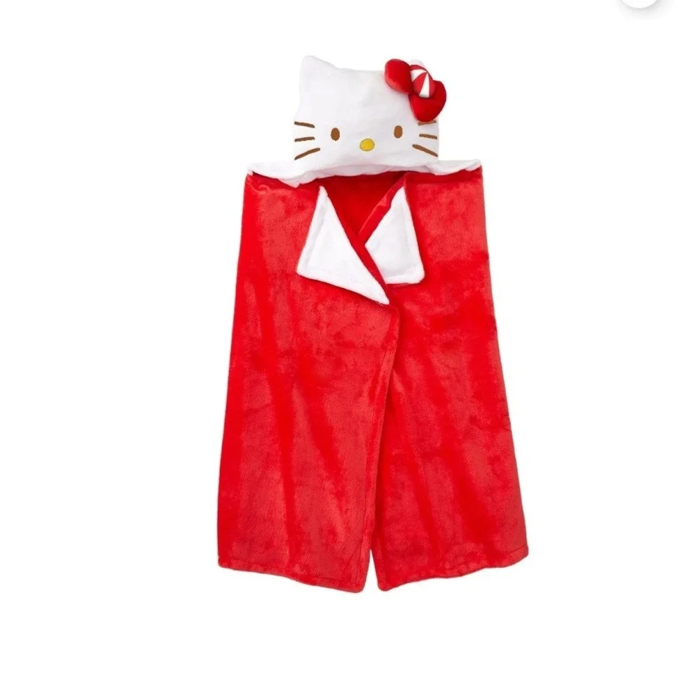 Hello Kitty Hooded Throw Blanket Red Peppermint Bow Kids Wearable‎ Plush 30x50